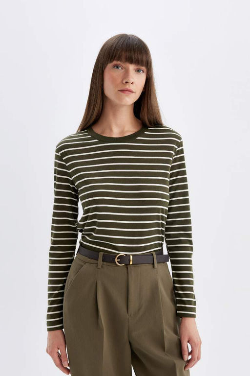 Женская повседневная полосатая футболка обычного кроя с круглым вырезом и длинными рукавами - Defacto фото 3