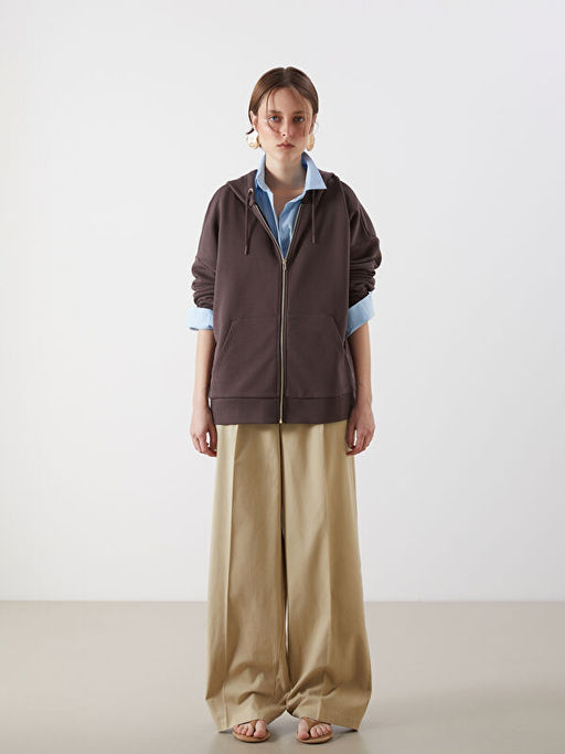 Kap??onlu Oversize Kad?n Fermuarl? Sweatshirt