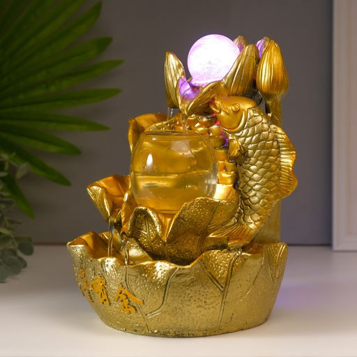 Фонтан настольный с подсветкой «Золотой карп и лотосы», от сети, золото, 26×18×17 см