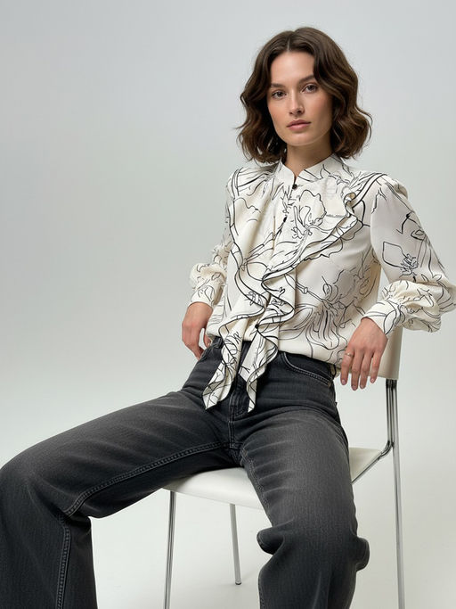 Блузка с отлетными рюшами OD-914-6 молочный с черным