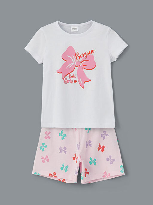 Fiyonk Bask?l? K?z ?ocuk ?ortlu Pijama Tak?m
