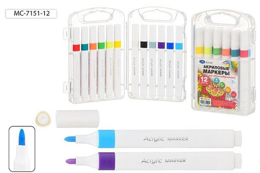 Набор маркеров акриловых 12цв., 2-4мм (MC-7151-12) на водной основе, укрывистые, трехгранный корпус