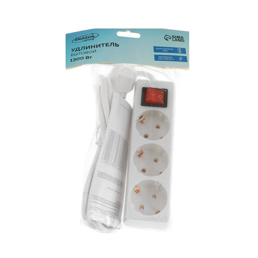 Удлинитель Luazon Lighting, 3 розетки, 1,8 м, 10 А, 2200 Вт, 3х0.75 мм2, с заземлением, с выключателем, белый