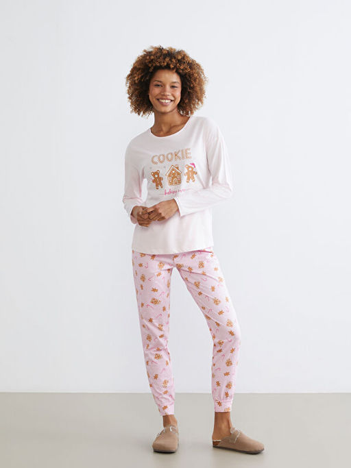 Bisiklet Yaka Y?lba?? Temal? Kad?n Pijama Tak?m?