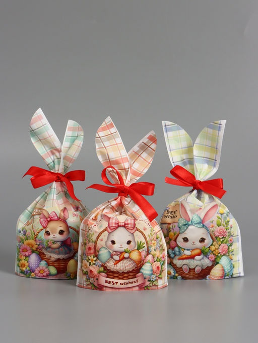 Цена за 50 шт. Пакет полиэтиленовый подарочный с ушками "Зайчик и корзина", 13 х 23±1 см