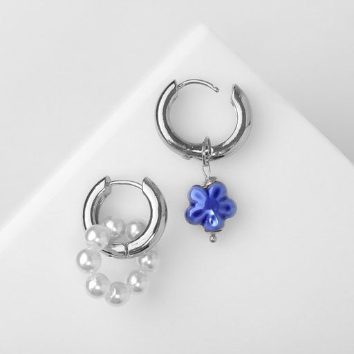 Серьги со съёмным элементом Трансформер цветок, цвет бело-синий в серебре - Qf фото 2