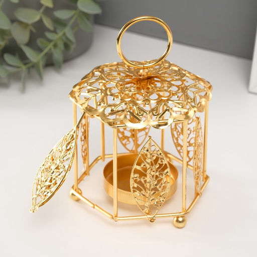 Металлический подсвечник-фонарь на 1 свечу Цветок и листья, золото, d=5.5 см, 9.8?10.5?14 см