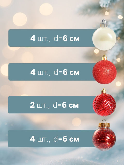 Ёлочные игрушки Мелодия ассорти люкс, шары новогодние, d=6 см, набор 24 шт., бело-красный - Зимнее волшебство фото 5