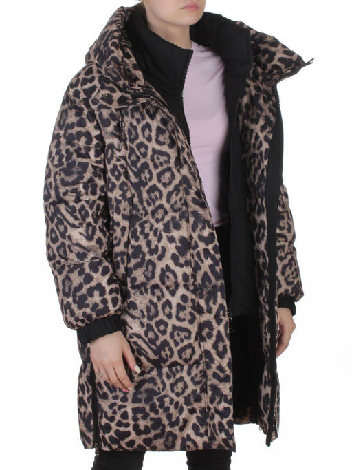 8892 BROWN/LEOPARD Куртка зимняя женская оверсайз с вшитой жилеткой (200 гр. холлофайбер)