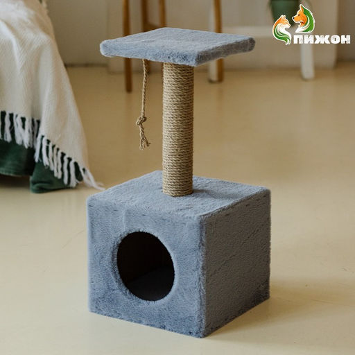 Домик для животных, с когтеточкой и полкой, джут, 32×32×64 см, серый