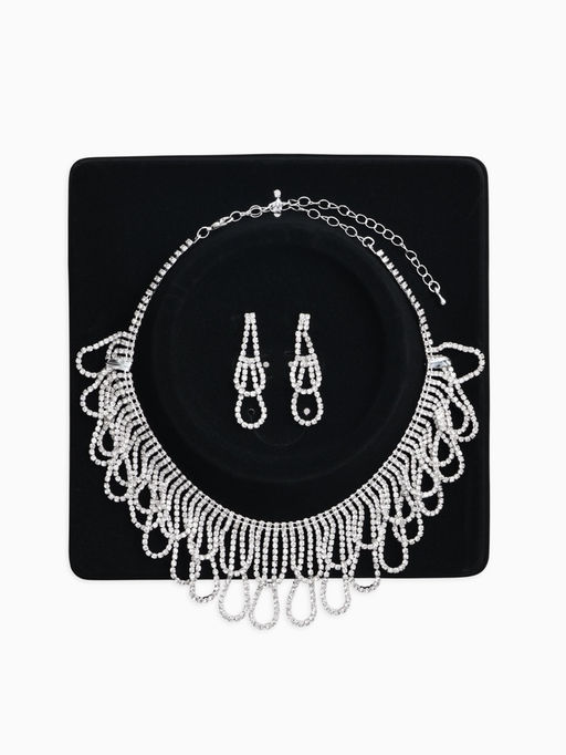 Набор 2 пред-а: серьги, колье со стразами "Лёд" люстры. d=13,5см, цвет белый в серебре