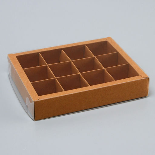 Коробка для 12 конфет, крафт с прозрачной крышкой, 19×15×3.5 см