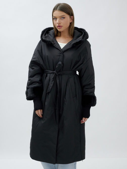 Пальто зимнее женское с норкой большого размера черного цвета 25008Ch - Mtforce фото 6