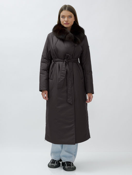 Пальто зимнее женское с мехом песец люкс класса темно-коричневого цвета 5071TK - Mtforce фото 2