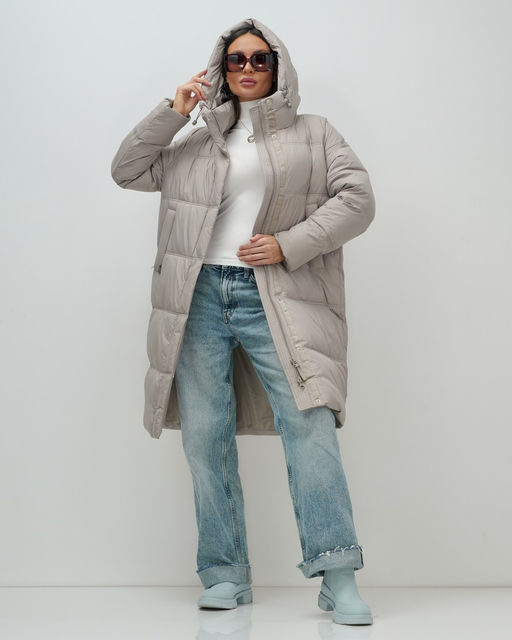 Пальто зимнее утепленное с капюшоном женское бежевого цвета 7618B