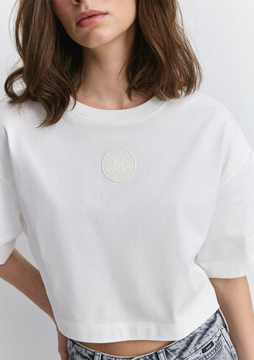 Mavi Patch Logo Bask?l? Beyaz Crop Tisort  фото 5