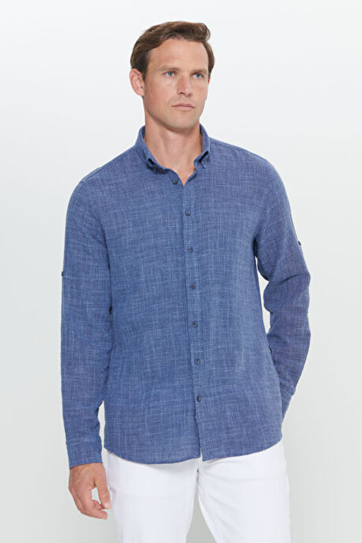 Slim Fit Dar Kesim %100 Pamuk D__meli Yaka Lacivert G_mlek YDA202420011LAC