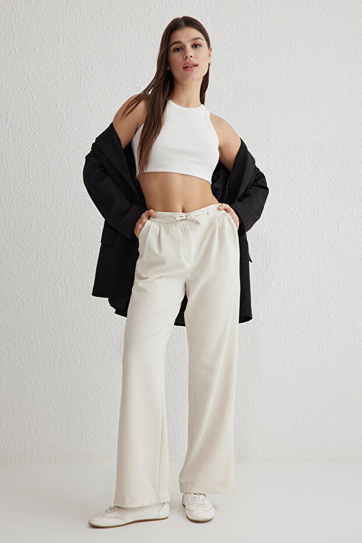 Beyaz Ba_c_kl_ D___k Bel Wide Leg/Geni_ Pa_a Dokuma Pantolon TWOSS25PL00042 - Trendyolmilla фото 2
