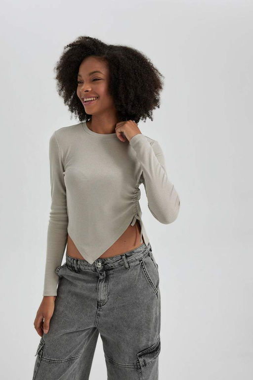 Асимметричная футболка с длинным рукавом и круглым вырезом в рубчик - Defacto фото 7