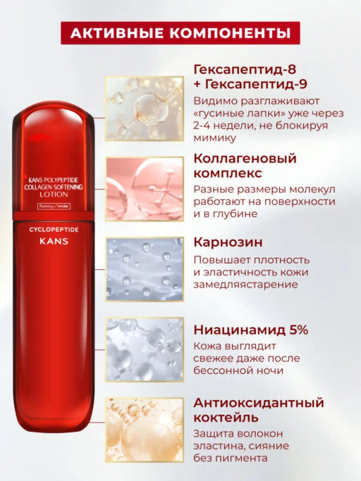KANS Лосьон для лица с полипептидами и коллагеном, увлажняющий, от ранних морщин и пигментации, 100  фото 5