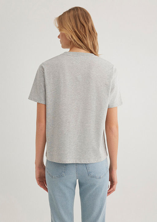 Bisiklet Yaka Gri Basic Tisort - Mavi фото 4