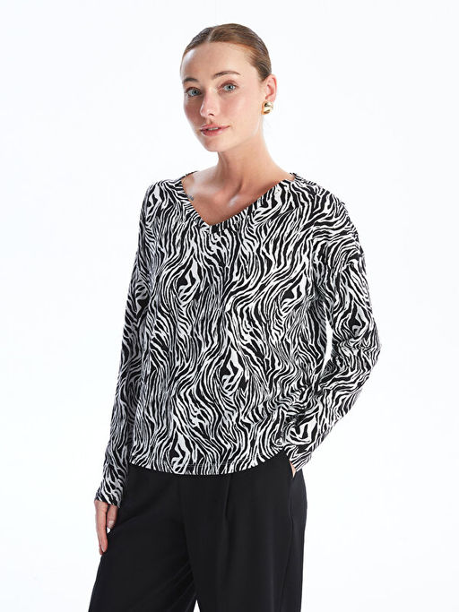 V Yaka Desenli Uzun Kollu Kad?n Bluz