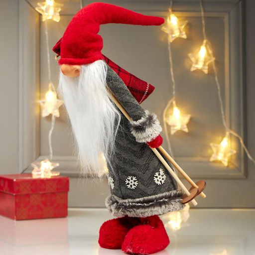 Интерьерная текстильная кукла «Дедушка Мороз с мешком подарков и лыжными палками», 40×14×16 см