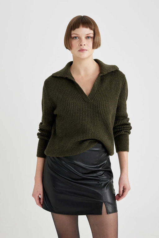 Кружевной свитер с воротником поло и расслабленным кроем - Defacto фото 3