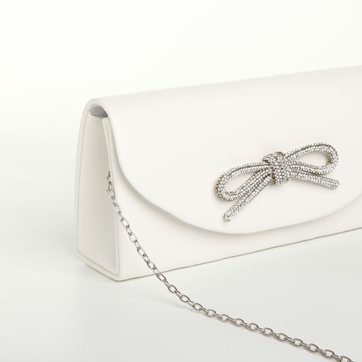 Сумка-клатч женская вечерняя на магните, на длинной цепочке, с декоративным бантом, белая