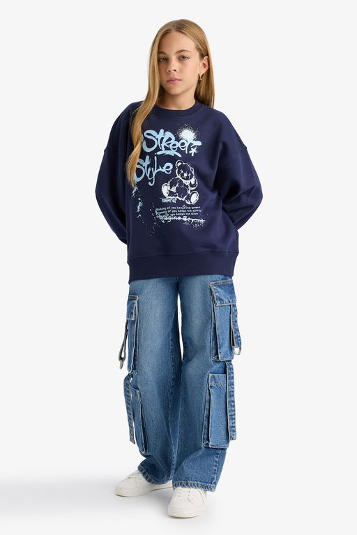Oversize Geni_ Kal_p Bisiklet Yaka Bask_l_ Sweatshirt K_z _ocuk - Defacto фото 2