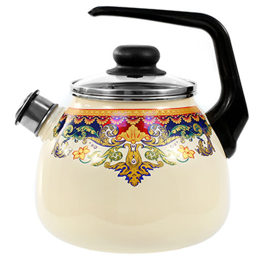 "Ornamento" Чайник эмалированный 3л, д12,5см, h16см, со свистком, сферическая форма, стеклянная крышка с пластмассовой ручкой-кнопкой, ободок из нержавеющей стали, пластмассовая фиксированная ручка, слоновая кость (Россия)