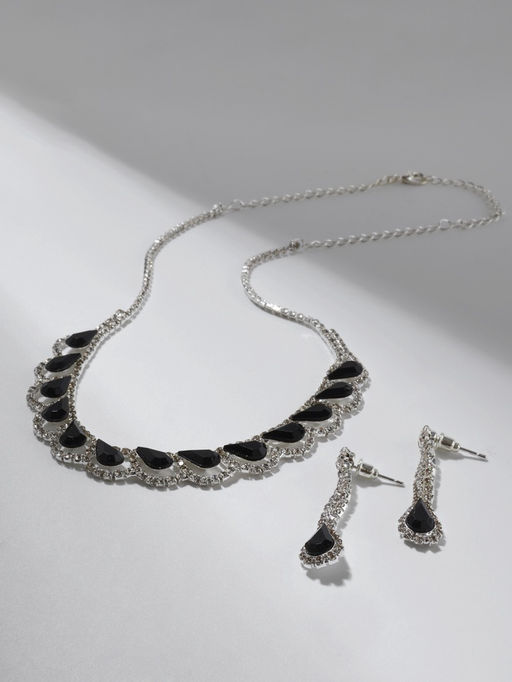 Набор 2 предмета: серьги, колье Листопад капли, цвет чёрно-белый в серебре, 45 см