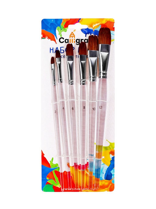 Набор кистей для рисования, пони - синтетика, 6 штук: № 2, 4, 6, 8, 10, 12, плоские, прозрачные ручки, международный размер