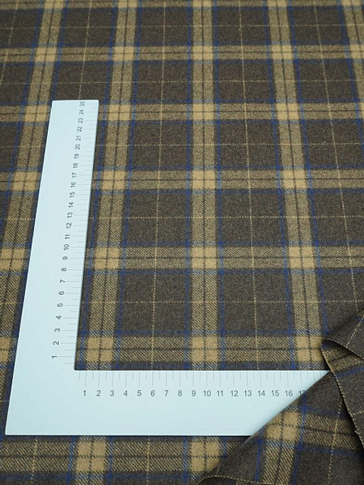 Шерсть пальтово-костюмная Твид Клетка бежево-синяя на коричневом, ш.1.5м, шерсть-50%, п/э-50% - Купава фото 4