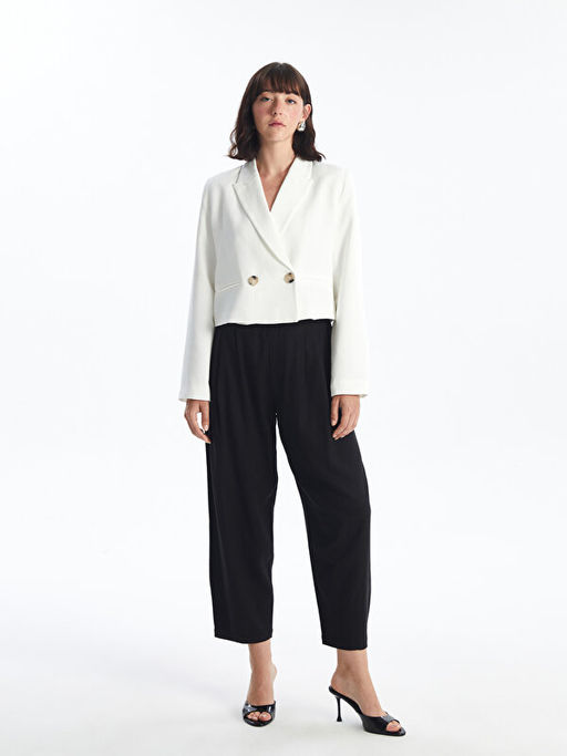 D?z Uzun Kollu Keten Kar???ml? Kad?n Blazer Ceket