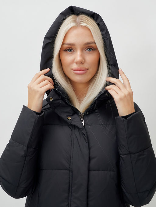 Пальто утепленное стеганное зимнее с капюшоном женское черного цвета 9608Ch - Mtforce фото 6
