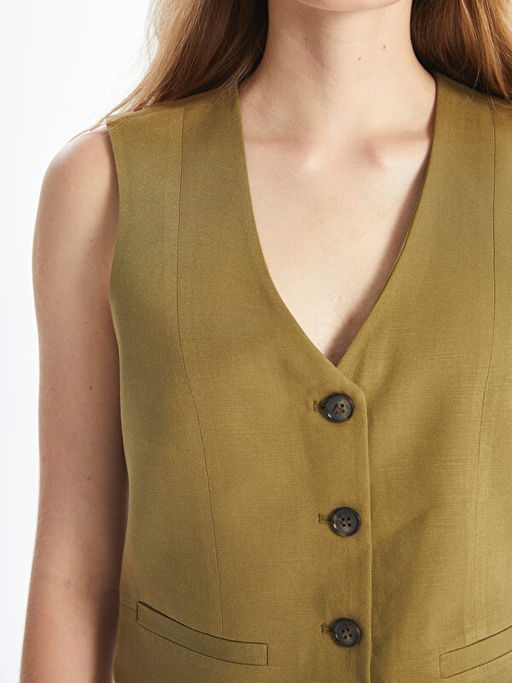 V Yaka D?z Keten Kar???ml? Kad?n Klasik Yelek