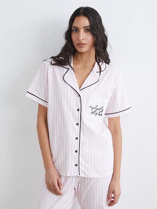 G?mlek Yaka ?izgili Kad?n Pijama Tak?m