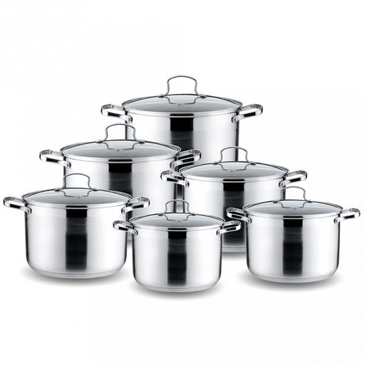 Набор посуды из нержавеющей стали "Kelli" 12 предмета: кастрюля 2,1л - д16см, 2шт: 3л - д18см, 4л - 20см, 6,6л - д24см, 8,2л - 26см, стеклянная крышка, пароотвод, клепаные ручки, 5-ти слойное капсульное дно, цветная коробка (Китай) Подходит для всех