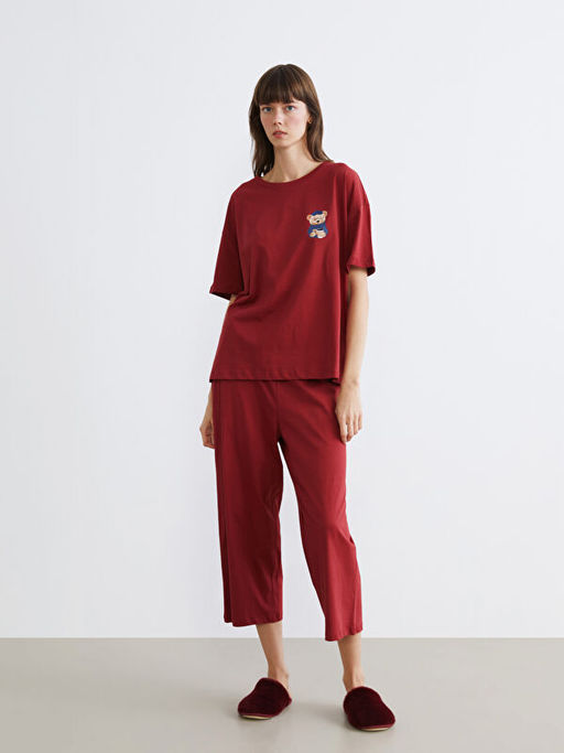 Ay? Teddy Bask?l? Kad?n Kaprili Pijama Tak?m?