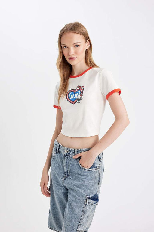 Облегающая футболка Cool Hello Kitty в рубчик с круглым вырезом и короткими рукавами - Defacto фото 7