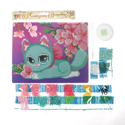 Алмазная мозаика для детей «Милый котик и сакура» 20×25 см