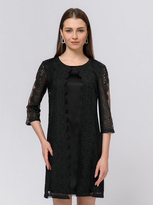 Платье черного цвета длины мини с черным кружевом и рукавами 3/4 - 1001dress фото 2