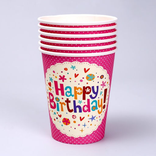 Набор бумажной посуды «С днём рождения»: 6 тарелок, 6 стаканов, 20 салфеток, цвет розовый