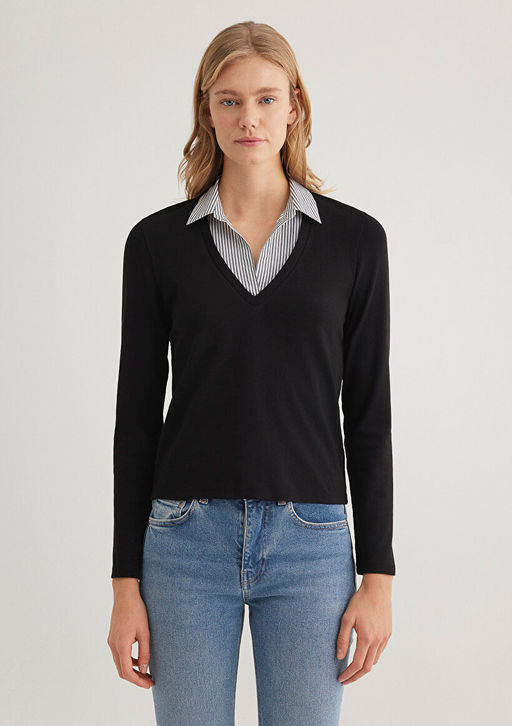 Gomlek Yaka Detayl? Siyah Tisort - Mavi фото 3