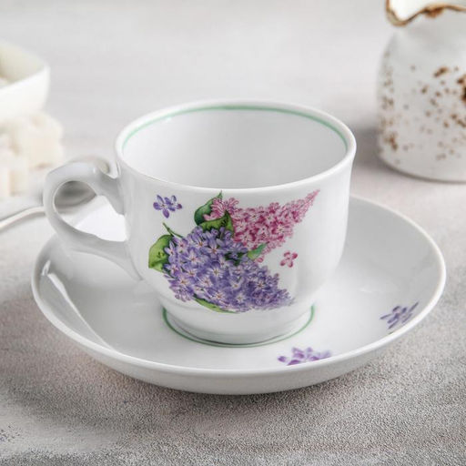 Чайная пара Добрушский завод Сирень, 2 предмета: чашка 250 мл, блюдце d=15 см, фарфор, белая