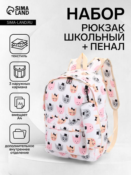 Набор: рюкзак школьный и пенал, с карманами, с принтом, размер 29?12?41 см, розовый