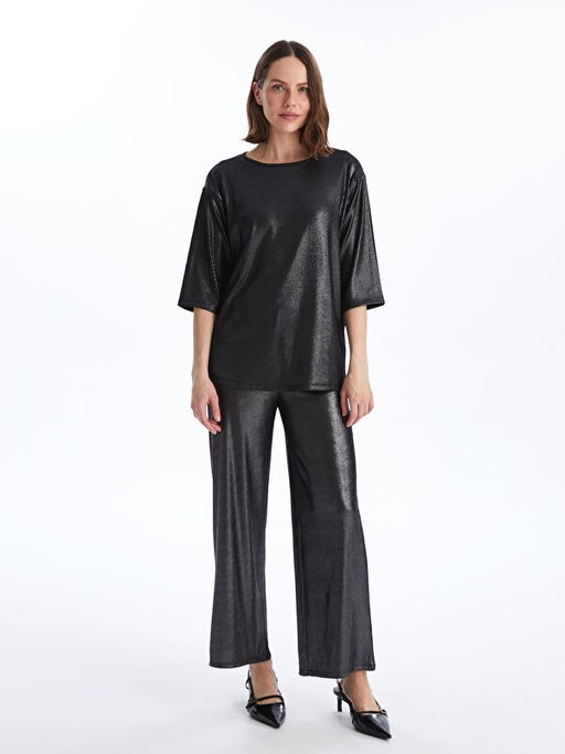 Bisiklet Yaka Parlak G?r?n?ml? Kad?n Bluz