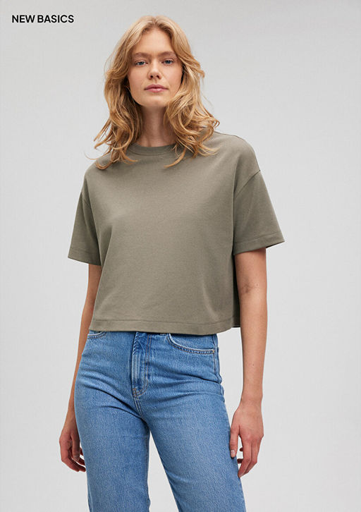 Bisiklet Yaka Yesil Basic Crop Tisort
