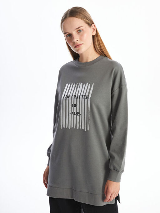 Bisiklet Yaka Bask?l? Kad?n Sweatshirt Tunik